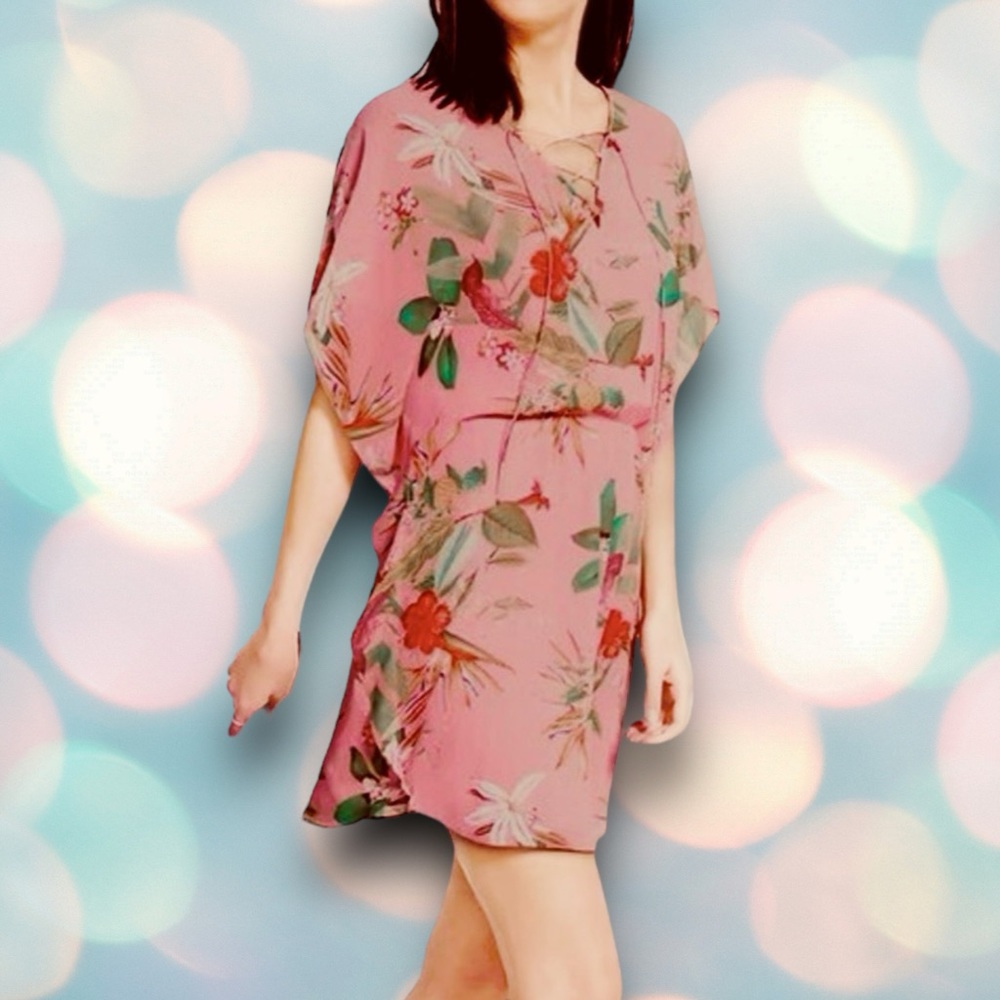 EXPRESS Women’s Pink Sheer Floral Tropical Beach Swim Cover-Up Dress Size S